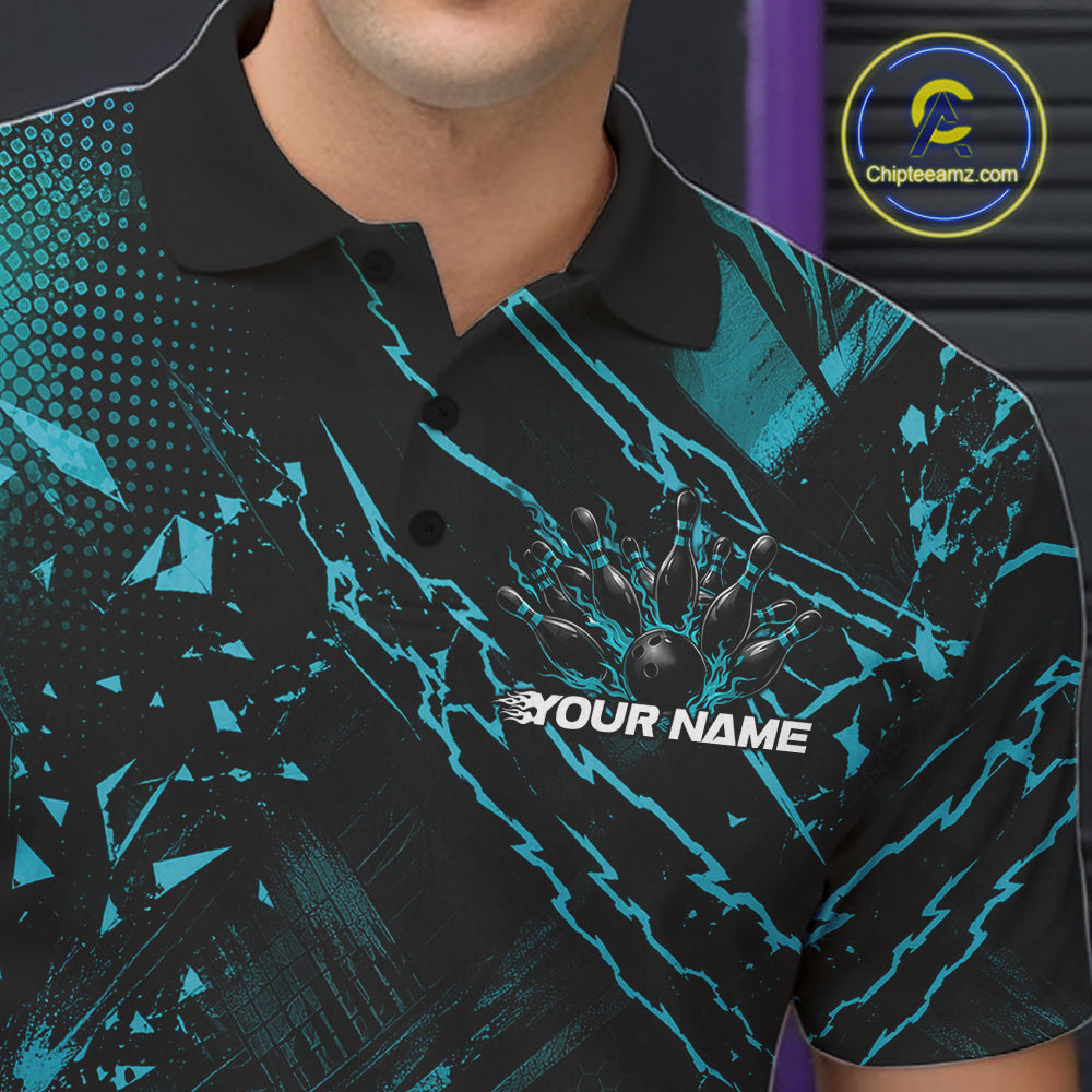 Custom Black And Teal Blue Dragon Bowling Men Polo Shirt, Skull Bowling Ball Jersey IPHW12119