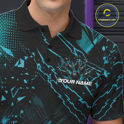 Custom Black And Teal Blue Dragon Bowling Men Polo Shirt, Skull Bowling Ball Jersey IPHW12119
