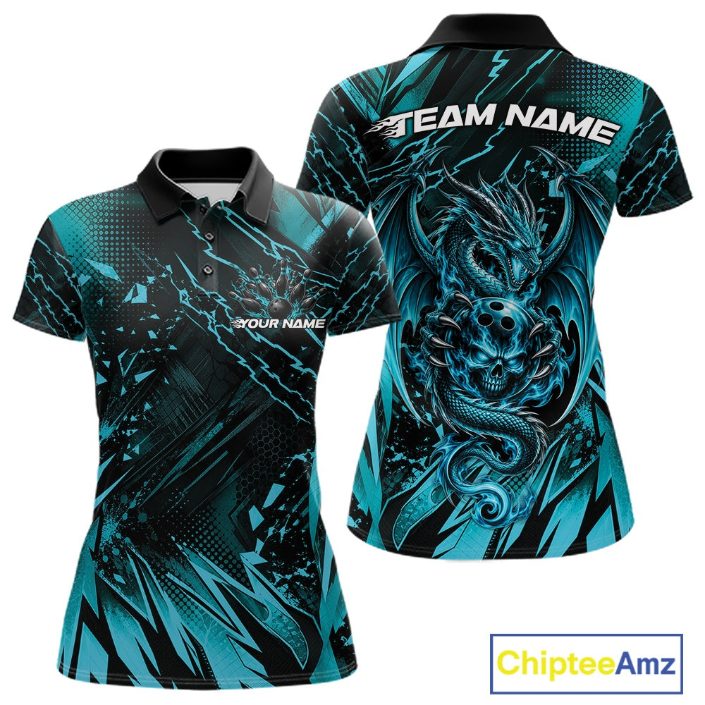 Custom Black And Teal Blue Dragon Bowling Women Polo Shirt, Skull Bowling Ball Jersey IPHW12119