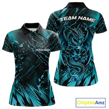 Custom Black And Teal Blue Dragon Bowling Women Polo Shirt, Skull Bowling Ball Jersey IPHW12119
