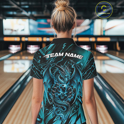 Custom Black And Teal Blue Dragon Bowling Women Polo Shirt, Skull Bowling Ball Jersey IPHW12119