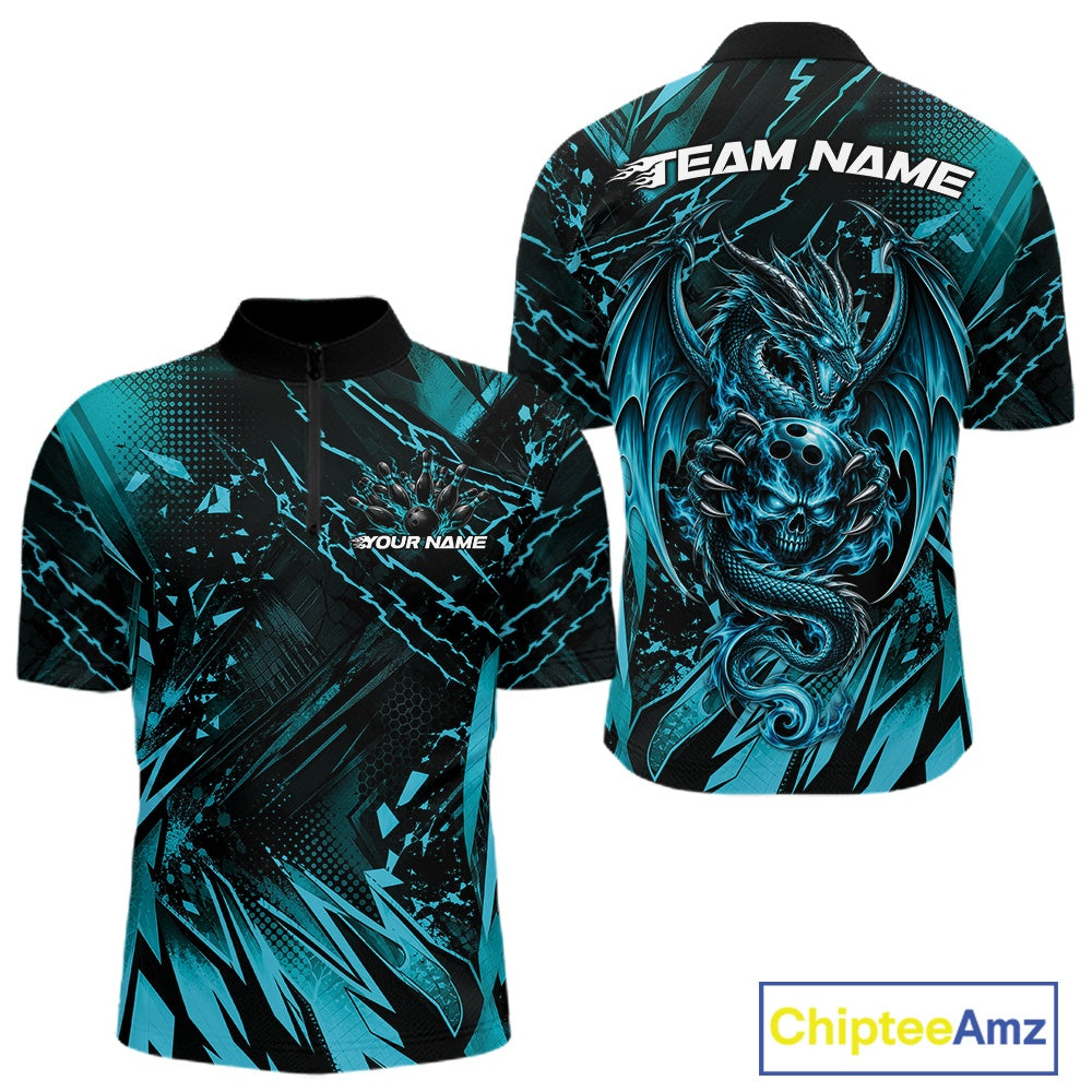 Custom Black And Teal Blue Dragon Bowling Men Quarter Zip Shirt, Skull Bowling Ball Jersey IPHW12119