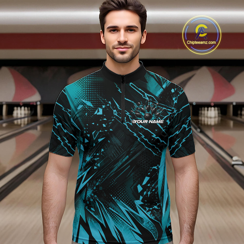 Custom Black And Teal Blue Dragon Bowling Men Quarter Zip Shirt, Skull Bowling Ball Jersey IPHW12119