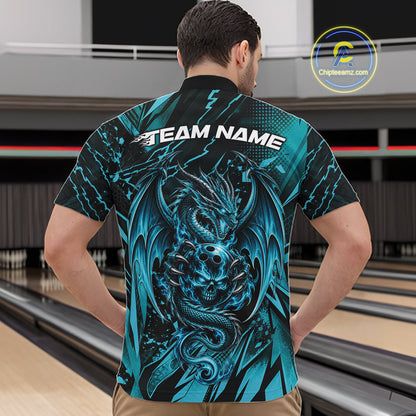 Custom Black And Teal Blue Dragon Bowling Men Quarter Zip Shirt, Skull Bowling Ball Jersey IPHW12119