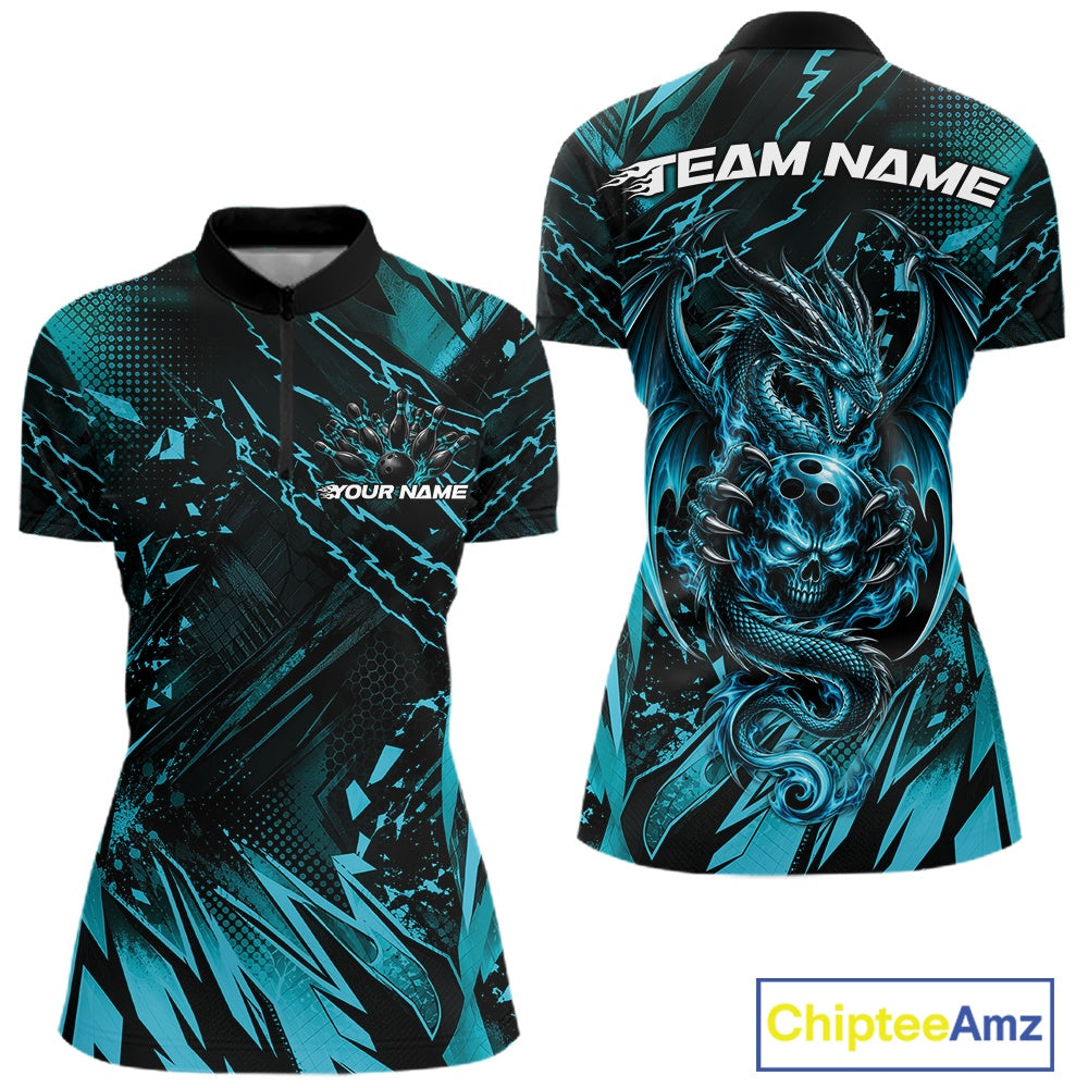 Custom Teal Blue Dragon Bowling Women Quarter-Zip Shirt, Skull Bowling Ball Jersey IPHW12119