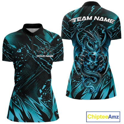 Custom Teal Blue Dragon Bowling Women Quarter-Zip Shirt, Skull Bowling Ball Jersey IPHW12119