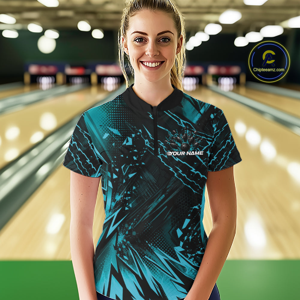 Custom Teal Blue Dragon Bowling Women Quarter-Zip Shirt, Skull Bowling Ball Jersey IPHW12119