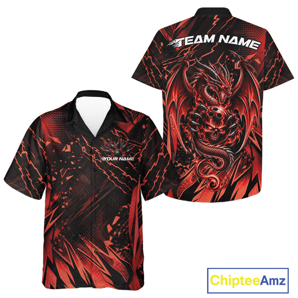 Custom Black And Red Dragon Bowling Men And Women Button Up Shirt, Skull Bowling Ball Jersey IPHW12120
