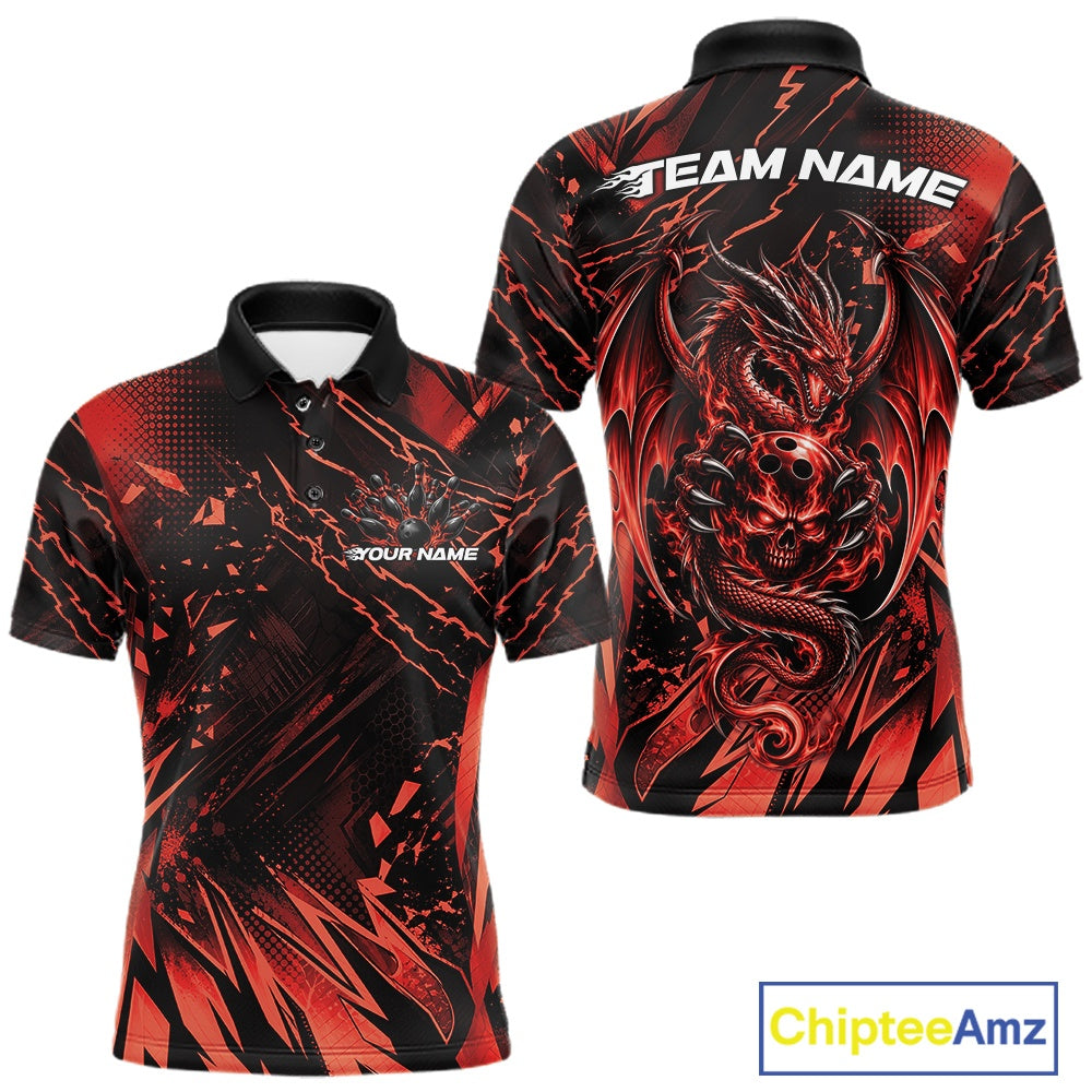 Custom Black And Red Dragon Bowling Men Polo Shirt, Skull Bowling Ball Jersey IPHW12120