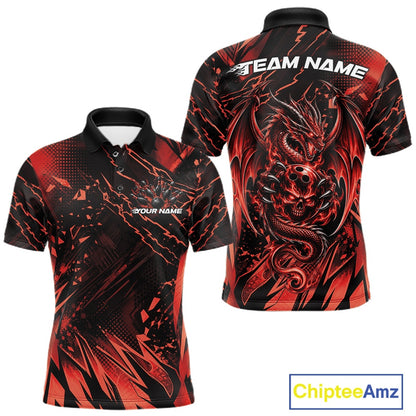Custom Black And Red Dragon Bowling Men Polo Shirt, Skull Bowling Ball Jersey IPHW12120
