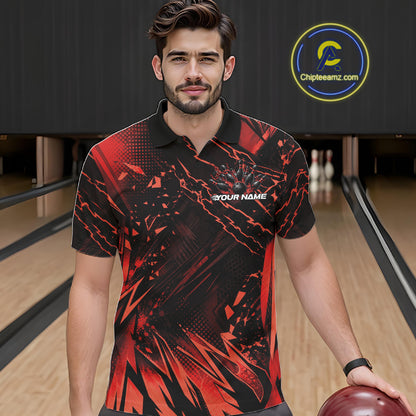 Custom Black And Red Dragon Bowling Men Polo Shirt, Skull Bowling Ball Jersey IPHW12120