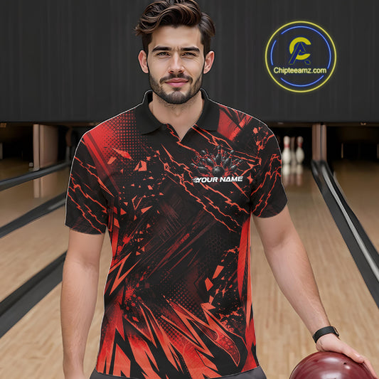 Custom Black And Red Dragon Bowling Men Polo Shirt, Skull Bowling Ball Jersey IPHW12120