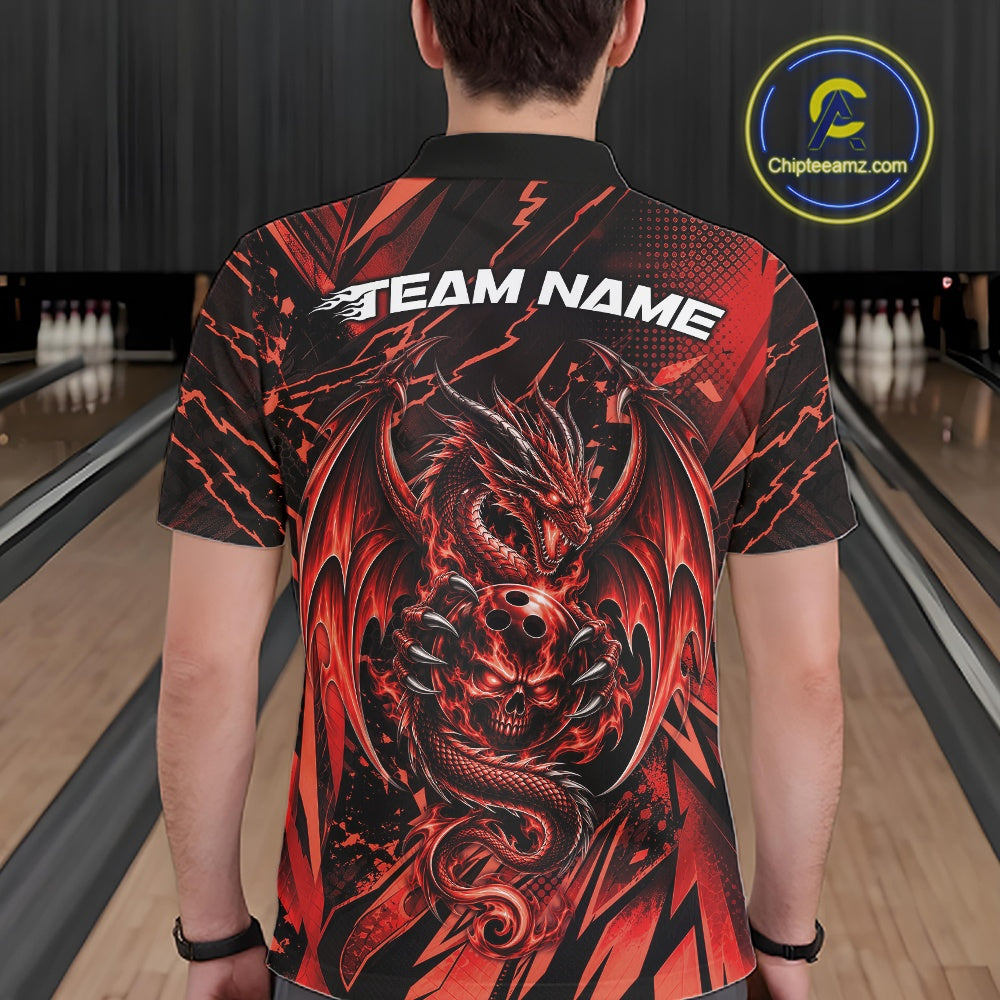 Custom Black And Red Dragon Bowling Men Polo Shirt, Skull Bowling Ball Jersey IPHW12120