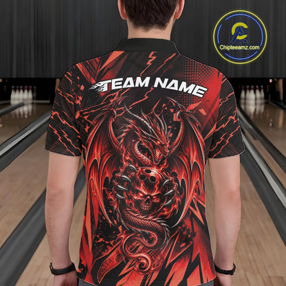 Custom Black And Red Dragon Bowling Men Polo Shirt, Skull Bowling Ball Jersey IPHW12120