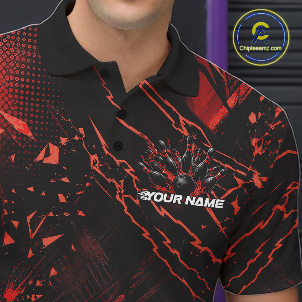 Custom Black And Red Dragon Bowling Men Polo Shirt, Skull Bowling Ball Jersey IPHW12120