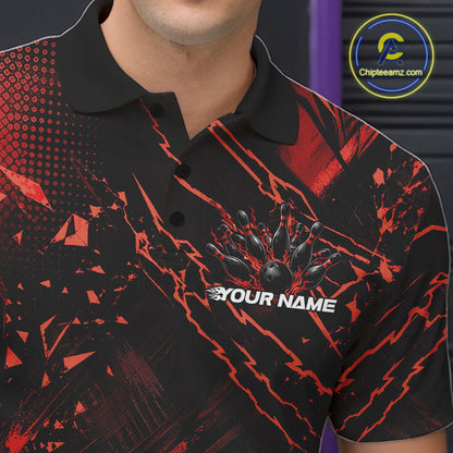 Custom Black And Red Dragon Bowling Men Polo Shirt, Skull Bowling Ball Jersey IPHW12120