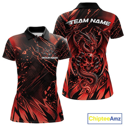 Custom Black And Red Dragon Bowling Women Polo Shirt, Skull Bowling Ball Jersey IPHW12120