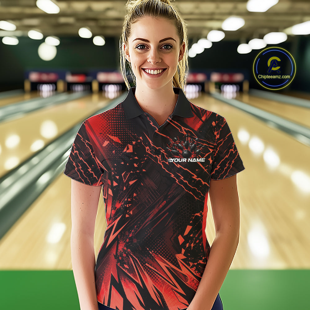 Custom Black And Red Dragon Bowling Women Polo Shirt, Skull Bowling Ball Jersey IPHW12120