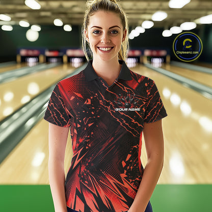 Custom Black And Red Dragon Bowling Women Polo Shirt, Skull Bowling Ball Jersey IPHW12120