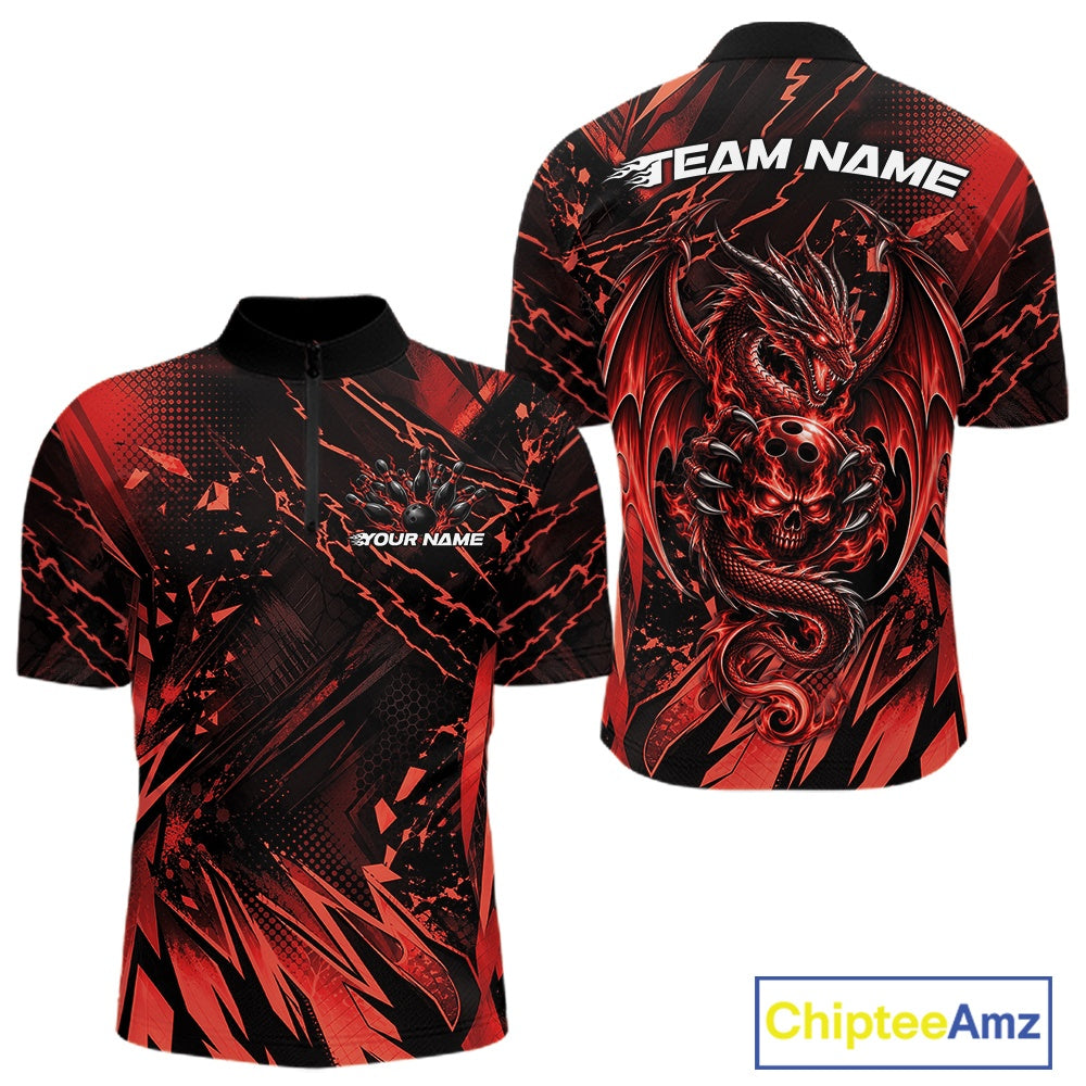 Custom Black And Red Dragon Bowling Men Quarter Zip Shirt, Skull Bowling Ball Jersey IPHW12120