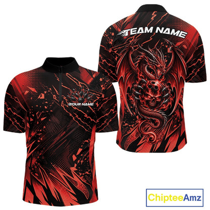 Custom Black And Red Dragon Bowling Men Quarter Zip Shirt, Skull Bowling Ball Jersey IPHW12120
