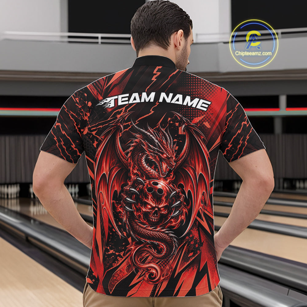 Custom Black And Red Dragon Bowling Men Quarter Zip Shirt, Skull Bowling Ball Jersey IPHW12120