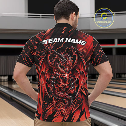 Custom Black And Red Dragon Bowling Men Quarter Zip Shirt, Skull Bowling Ball Jersey IPHW12120