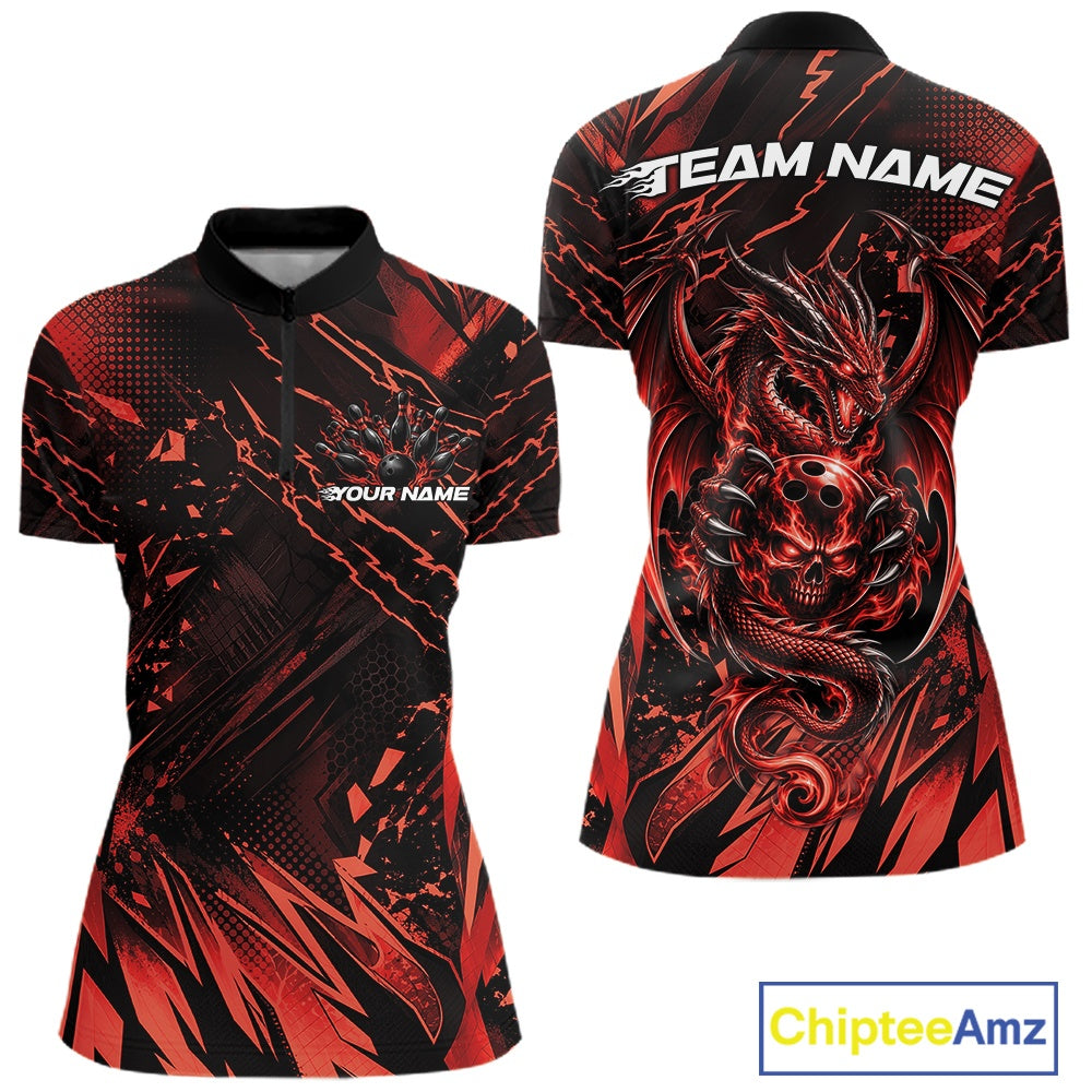 Custom Black And Red Dragon Bowling Women Quarter-Zip Shirt, Skull Bowling Ball Jersey IPHW12120