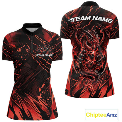 Custom Black And Red Dragon Bowling Women Quarter-Zip Shirt, Skull Bowling Ball Jersey IPHW12120