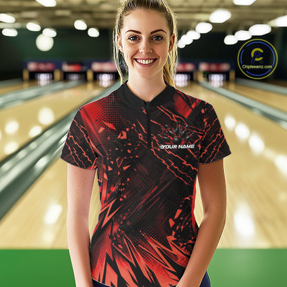 Custom Black And Red Dragon Bowling Women Quarter-Zip Shirt, Skull Bowling Ball Jersey IPHW12120