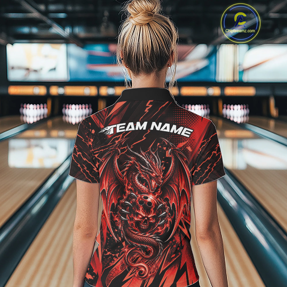 Custom Black And Red Dragon Bowling Women Quarter-Zip Shirt, Skull Bowling Ball Jersey IPHW12120