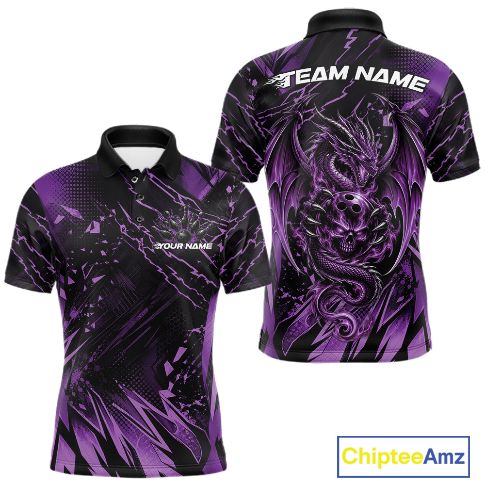 Custom Black And Purple Dragon Bowling Men Polo Shirt, Skull Bowling Ball Jersey IPHW12121