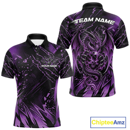 Custom Black And Purple Dragon Bowling Men Polo Shirt, Skull Bowling Ball Jersey IPHW12121