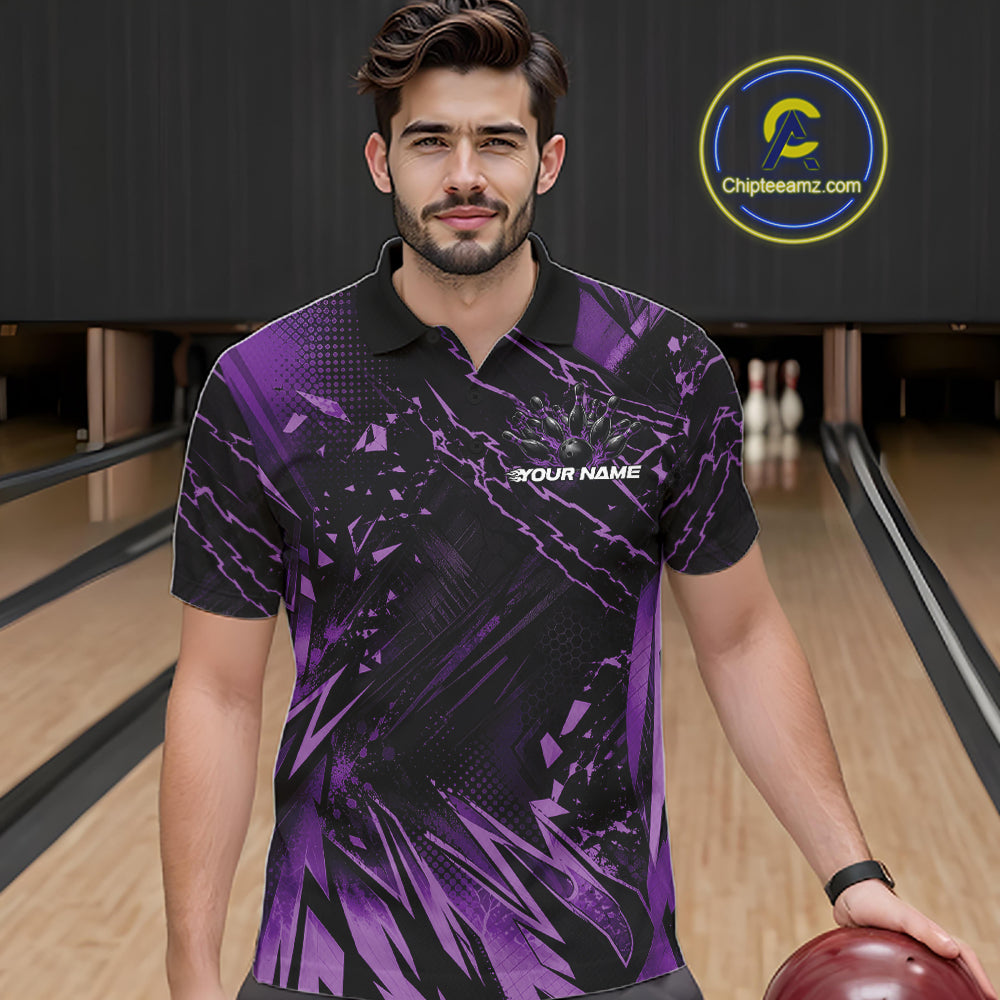 Custom Black And Purple Dragon Bowling Men Polo Shirt, Skull Bowling Ball Jersey IPHW12121