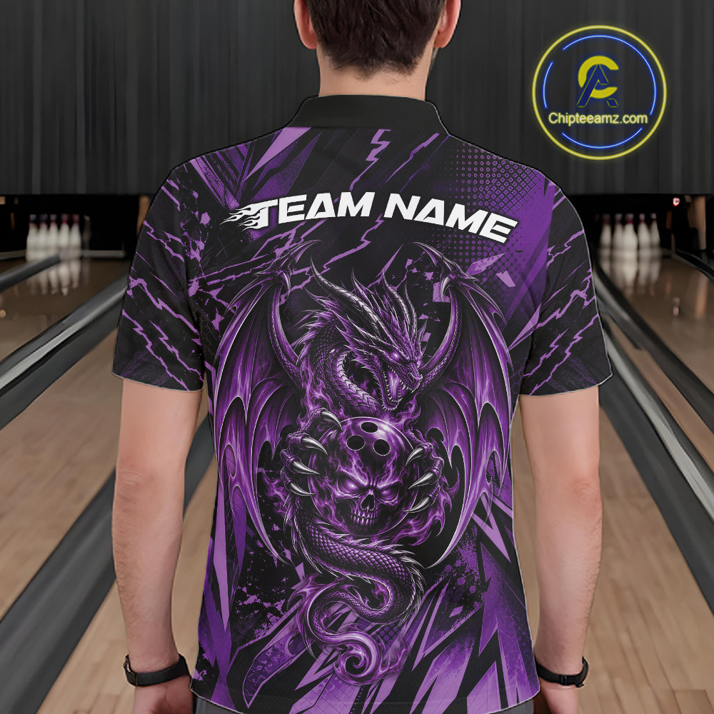 Custom Black And Purple Dragon Bowling Men Polo Shirt, Skull Bowling Ball Jersey IPHW12121