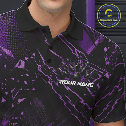 Custom Black And Purple Dragon Bowling Men Polo Shirt, Skull Bowling Ball Jersey IPHW12121