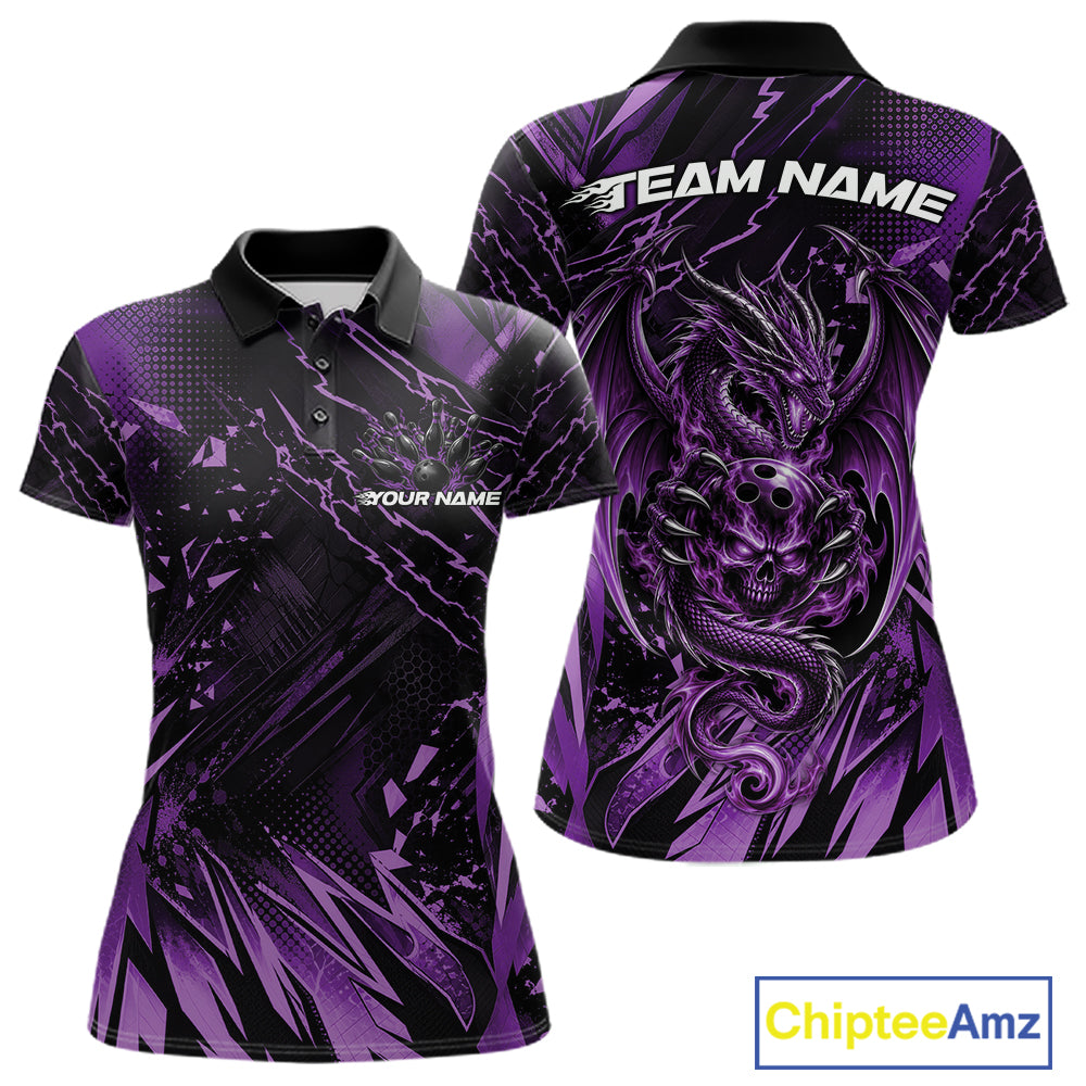 Custom Black And Purple Dragon Bowling Women Polo Shirt, Skull Bowling Ball Jersey IPHW12121