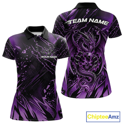 Custom Black And Purple Dragon Bowling Women Polo Shirt, Skull Bowling Ball Jersey IPHW12121