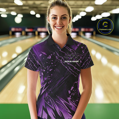 Custom Black And Purple Dragon Bowling Women Polo Shirt, Skull Bowling Ball Jersey IPHW12121