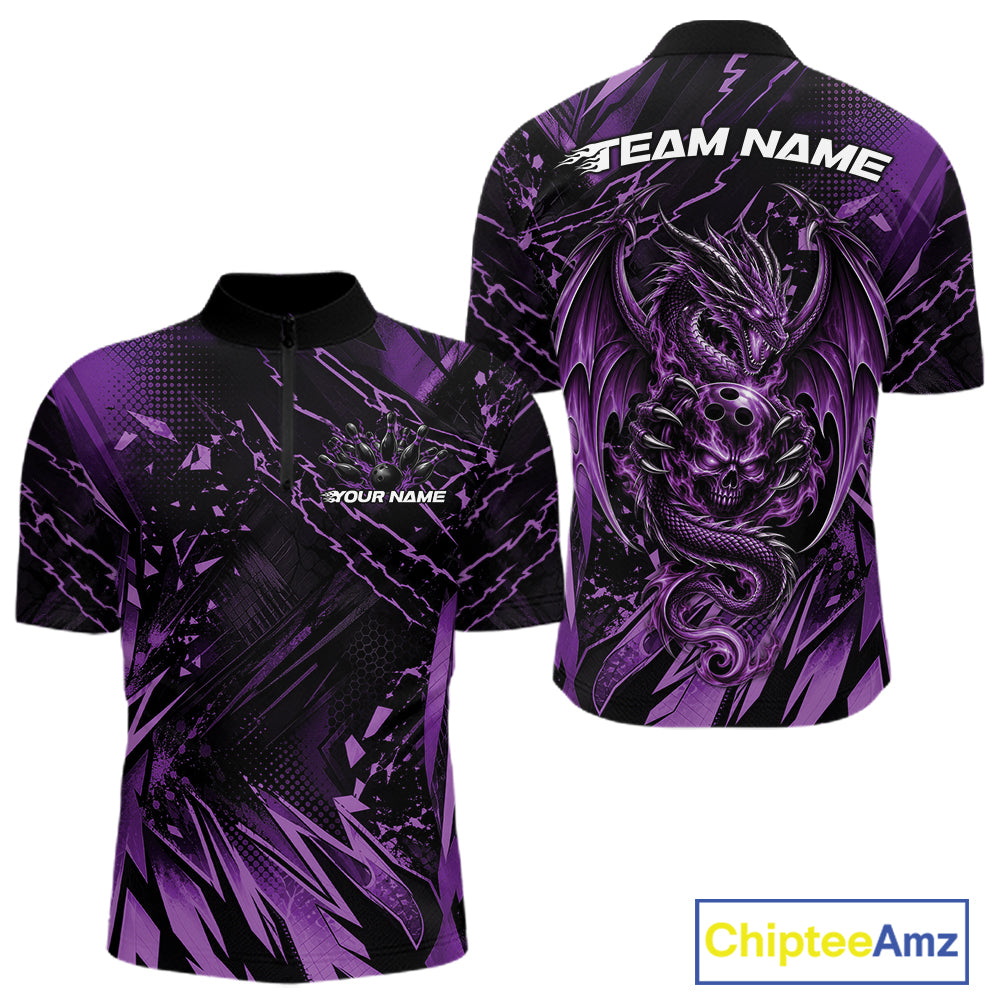 Custom Black And Purple Dragon Bowling Men Quarter Zip Shirt, Skull Bowling Ball Jersey IPHW12121