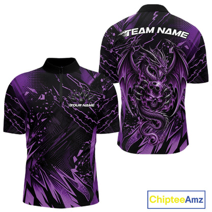 Custom Black And Purple Dragon Bowling Men Quarter Zip Shirt, Skull Bowling Ball Jersey IPHW12121