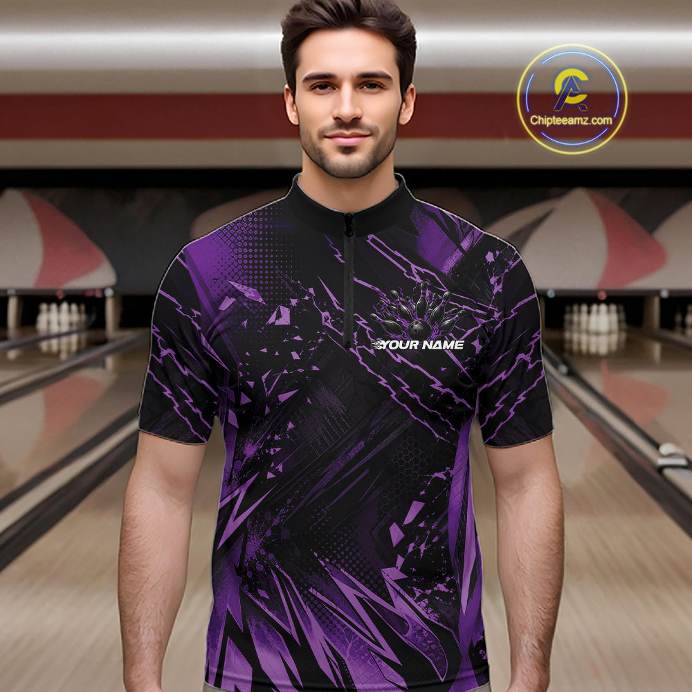 Custom Black And Purple Dragon Bowling Men Quarter Zip Shirt, Skull Bowling Ball Jersey IPHW12121