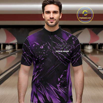 Custom Black And Purple Dragon Bowling Men Quarter Zip Shirt, Skull Bowling Ball Jersey IPHW12121