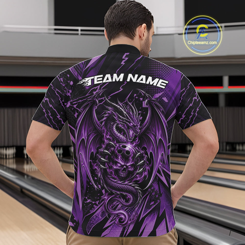 Custom Black And Purple Dragon Bowling Men Quarter Zip Shirt, Skull Bowling Ball Jersey IPHW12121