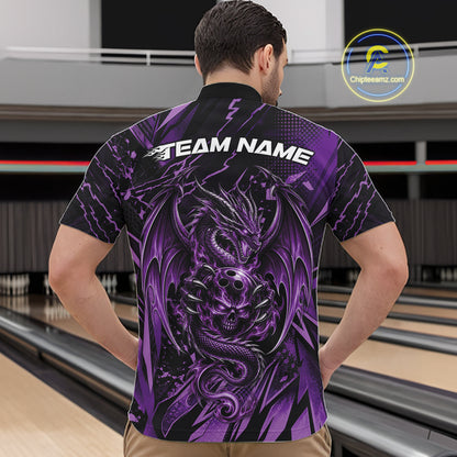 Custom Black And Purple Dragon Bowling Men Quarter Zip Shirt, Skull Bowling Ball Jersey IPHW12121