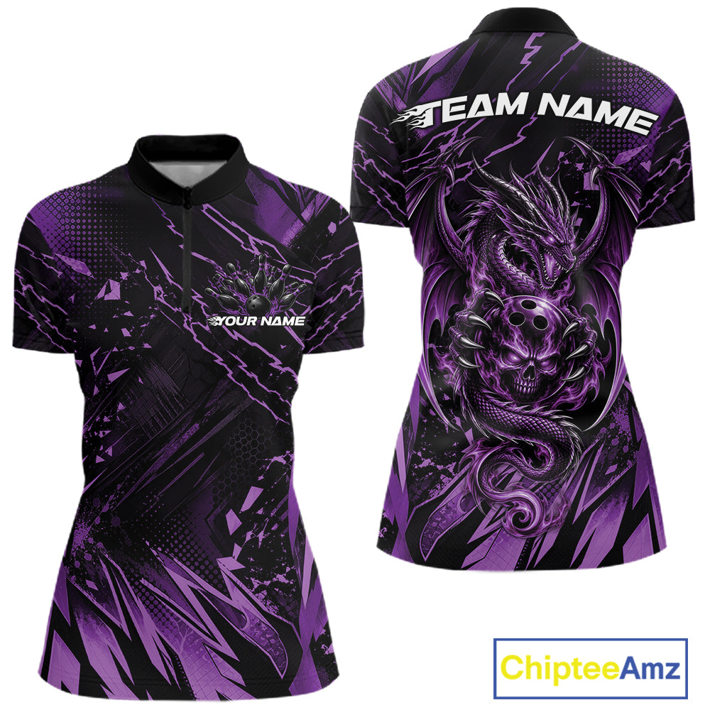 Custom Purple Dragon Bowling Women Quarter-Zip Shirt, Skull Bowling Ball Jersey IPHW12121