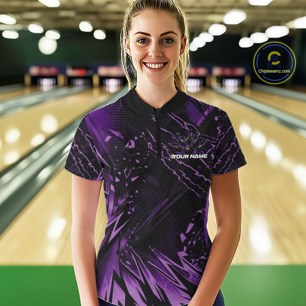 Custom Purple Dragon Bowling Women Quarter-Zip Shirt, Skull Bowling Ball Jersey IPHW12121