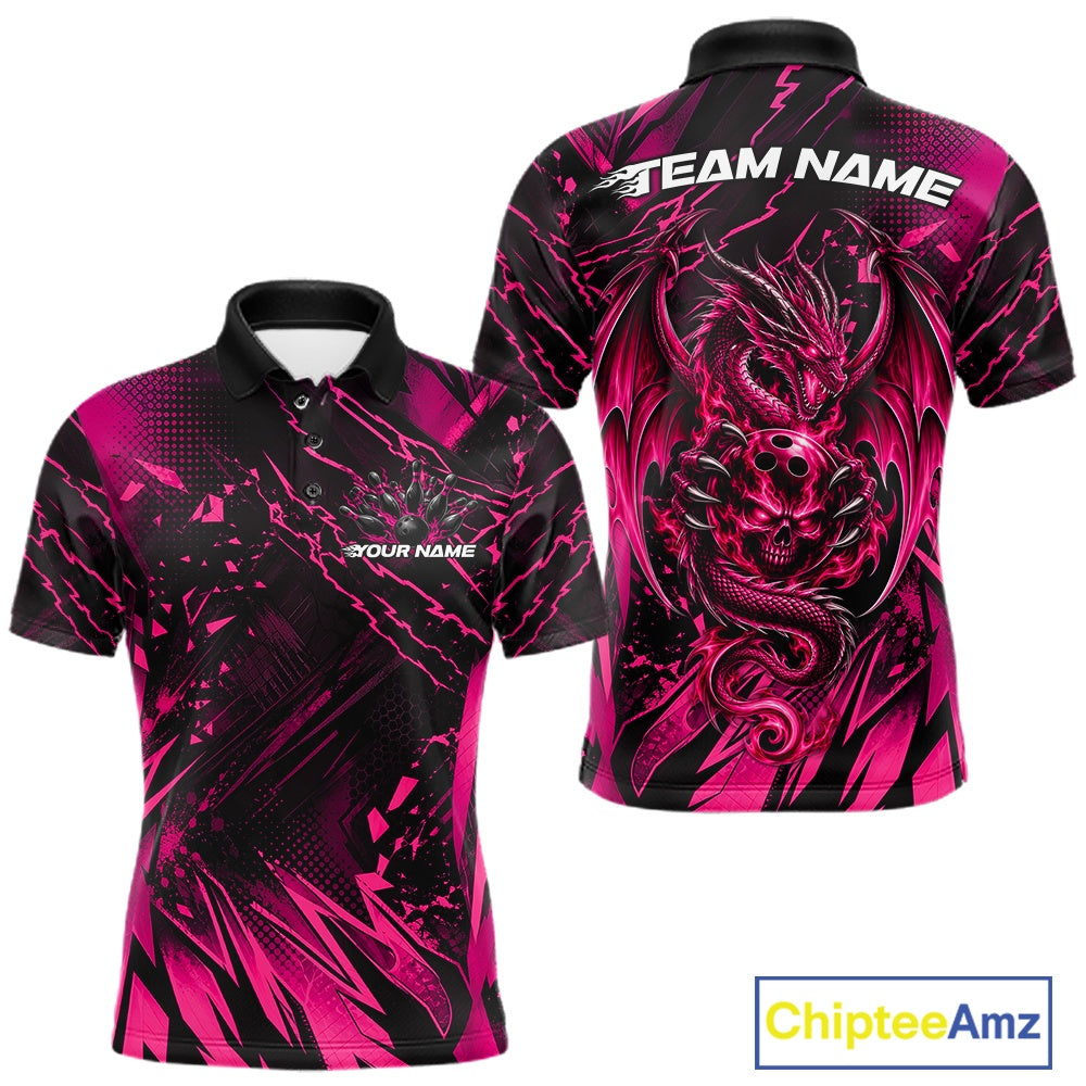 Custom Black And Pink Dragon Bowling Men Polo Shirt, Skull Bowling Ball Jersey IPHW12122
