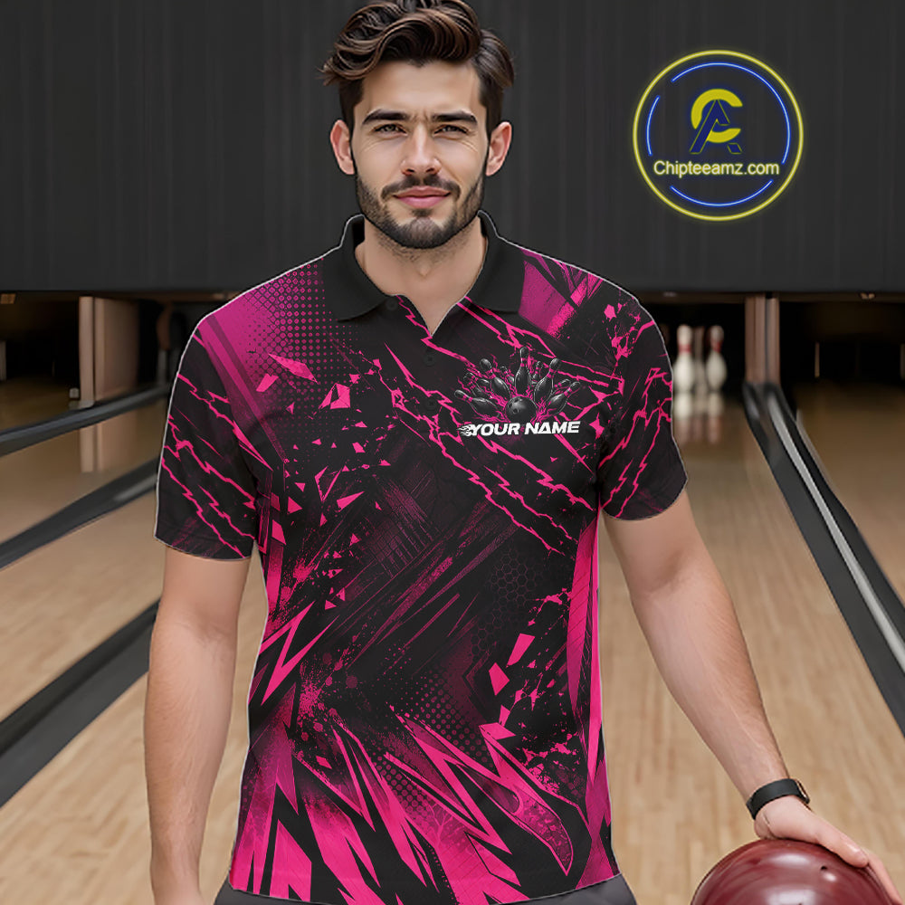Custom Black And Pink Dragon Bowling Men Polo Shirt, Skull Bowling Ball Jersey IPHW12122