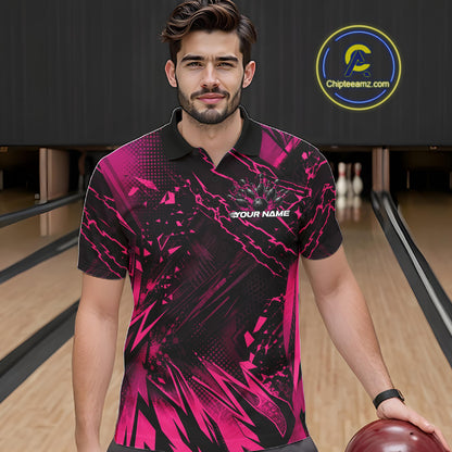 Custom Black And Pink Dragon Bowling Men Polo Shirt, Skull Bowling Ball Jersey IPHW12122